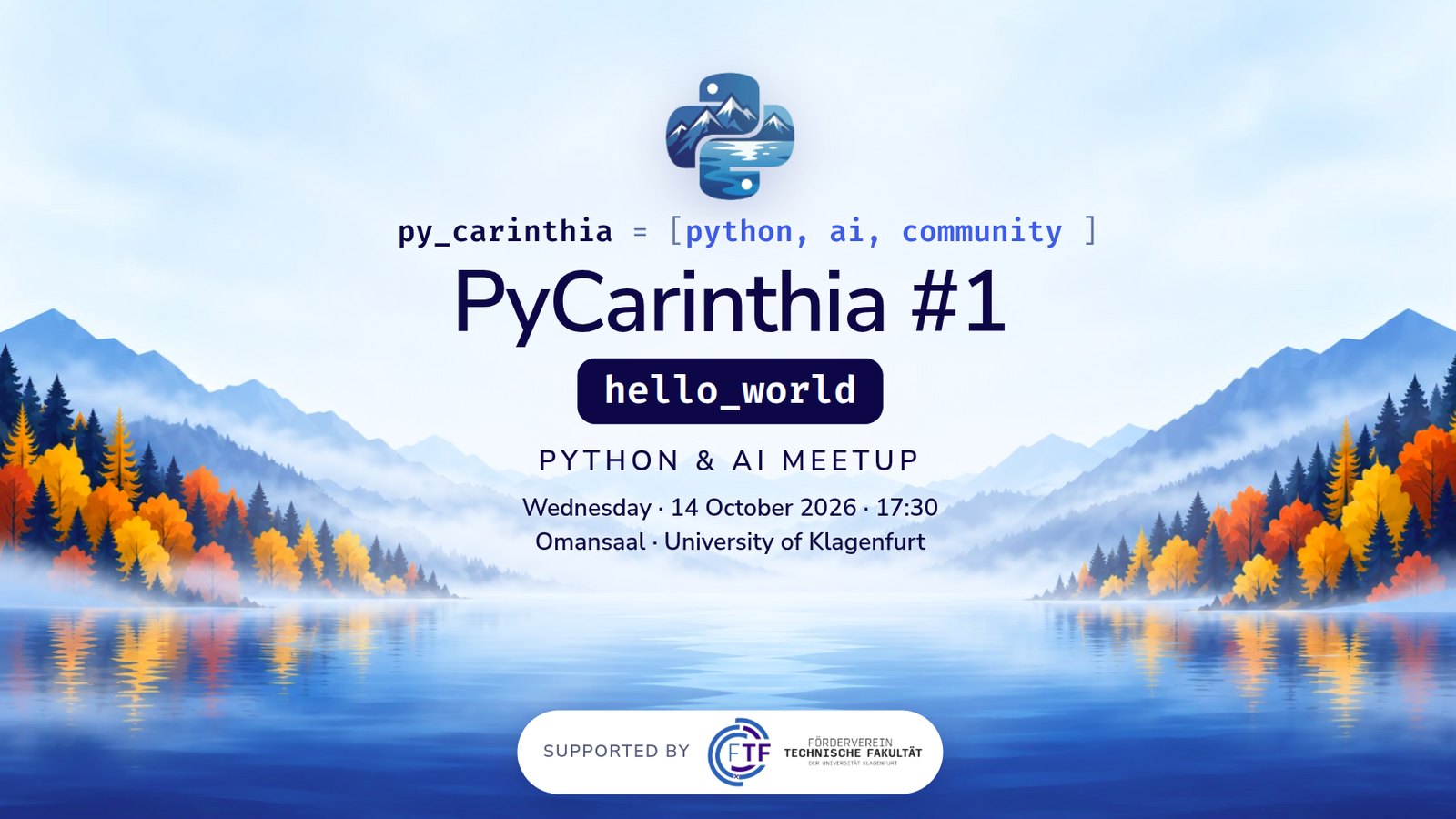 Title slide: PyCarinthia #1 – hello_world, Python & AI meetup, 14 October 2026, Omansaal, University of Klagenfurt